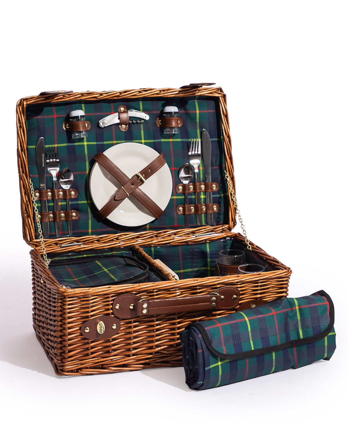 Luxury Tartan 2-Person Picnic Hamper w/ Leather Handles & Accessories - LPH13
