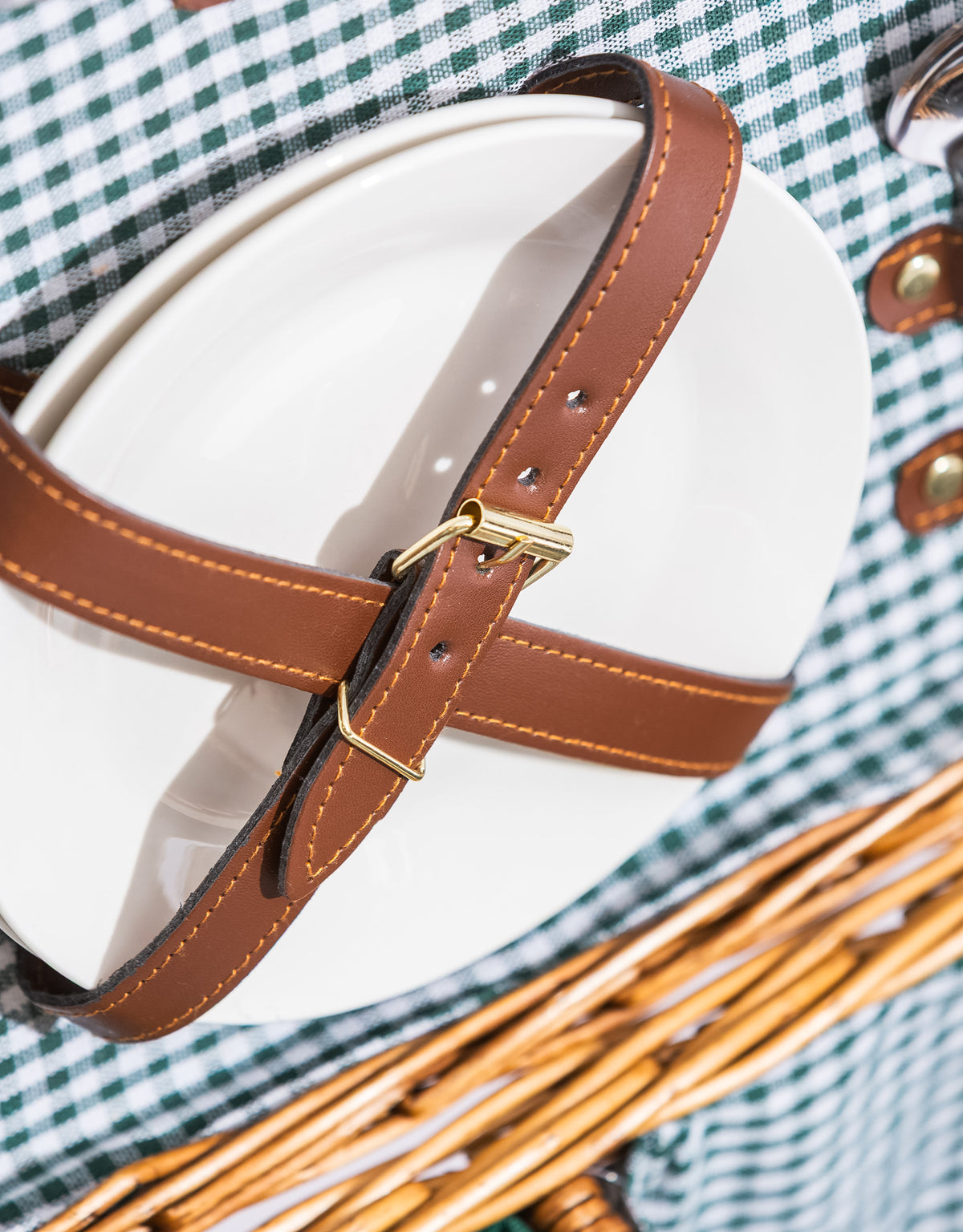 Luxury Gingham 2-Person Picnic Hamper w/ Leather Handles & Accessories - LPH15