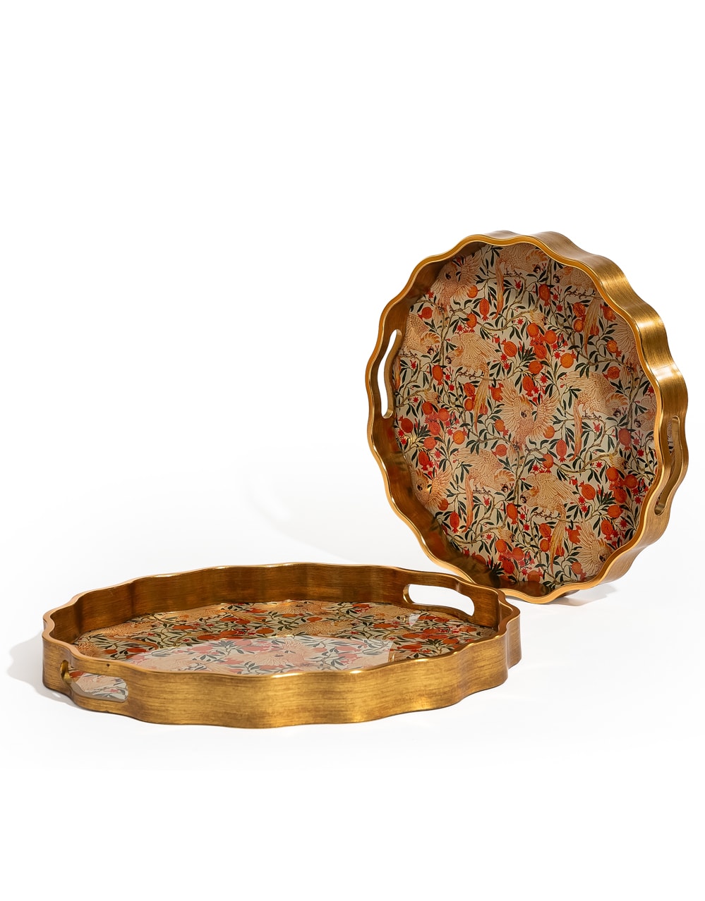 Waved Set of 2 Brushed Gold Cockatoo & Pomegranate Serving Trays - LUM28