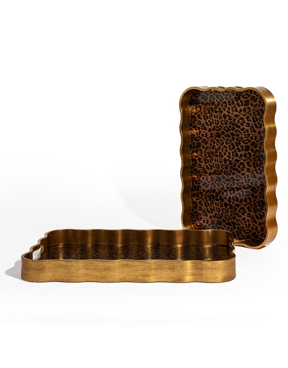 Rectangular Waved Set of 2 Brushed Gold Leopard Print Serving Trays - LUM30