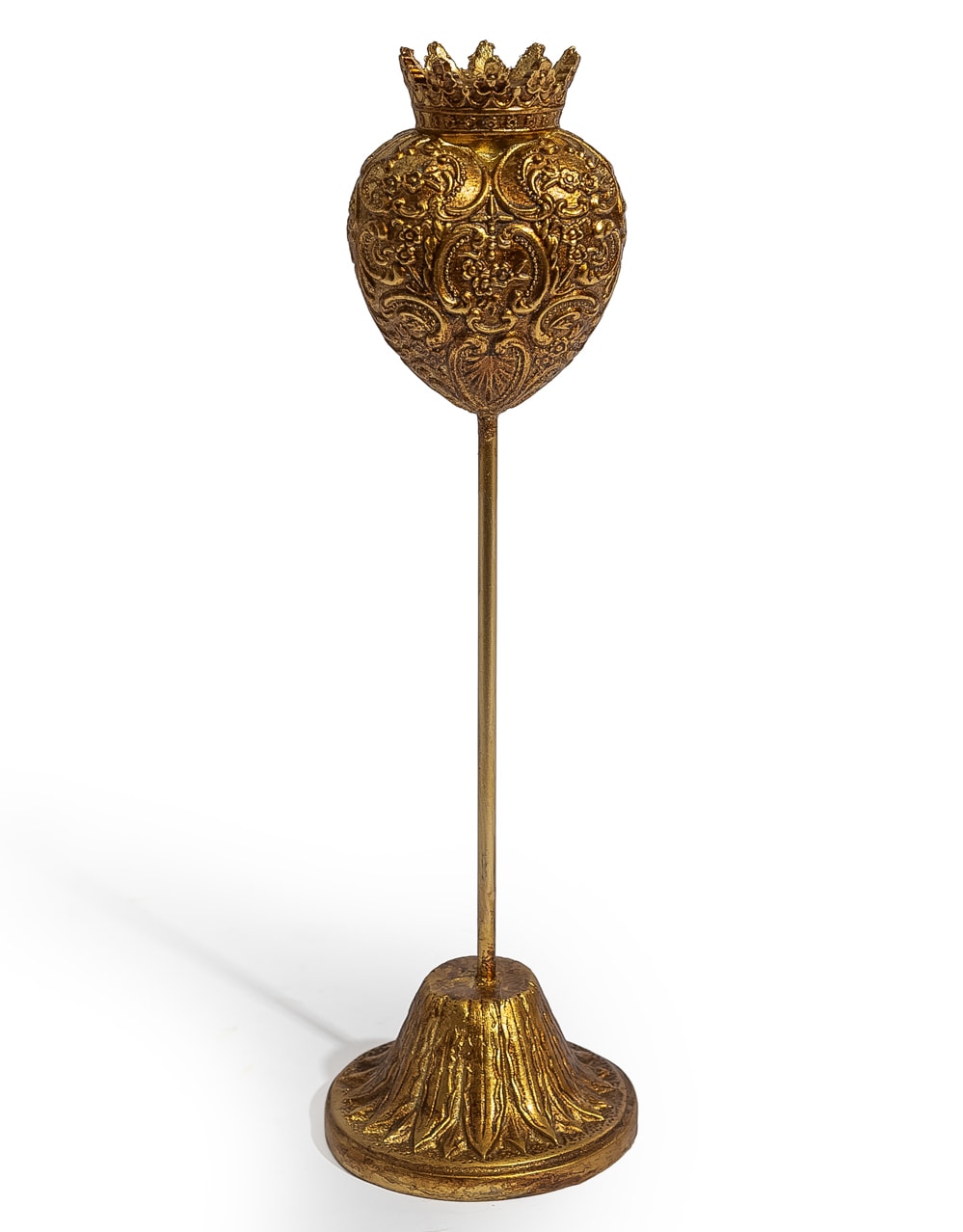 Antique Gold Embossed Crown Heart Ornament on Stand - MK245
