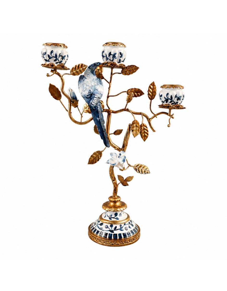 Antiqued Ornate Parrot Branch Blue/White Multi Candle Holder - RM90