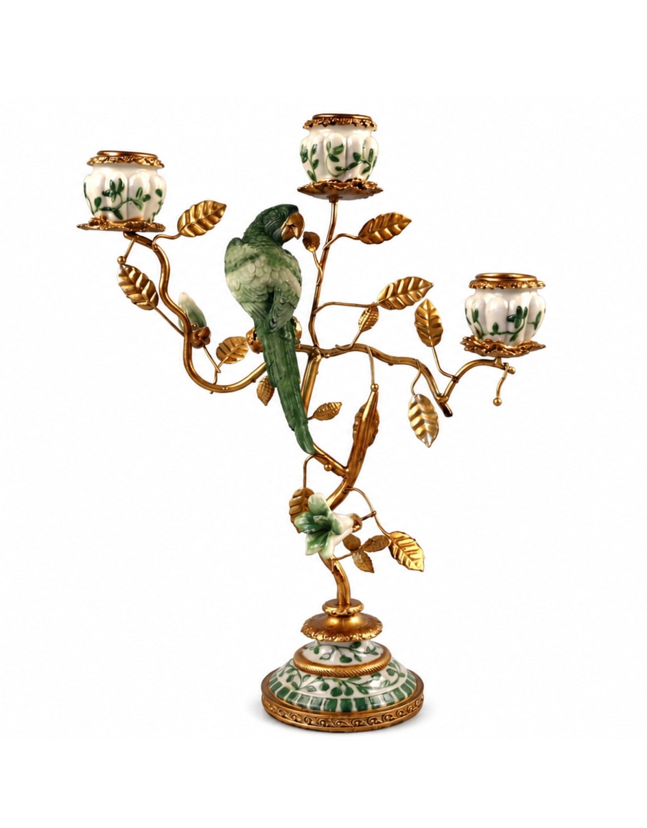 Antiqued Ornate Parrot Branch Green/White Multi Candle Holder - RM91