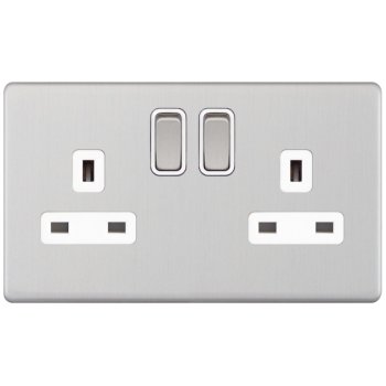 Selectric 5M-Plus Satin Chrome 2 Gang 13A DP Switched Socket with White Insert