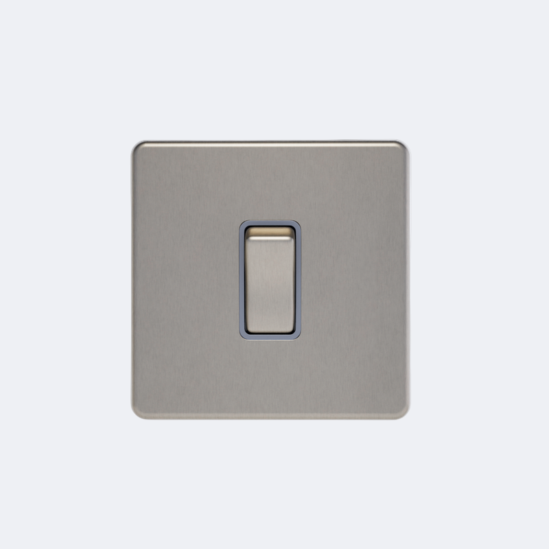 single screwless 20A switch in brushed steel with grey inserts