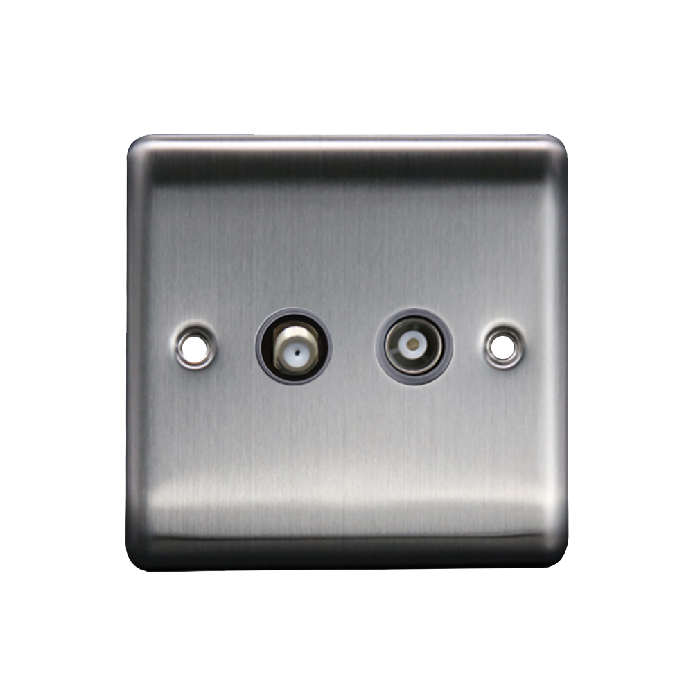 Caradok Satellite Socket + Coax Socket Brushed Chrome Grey Insert