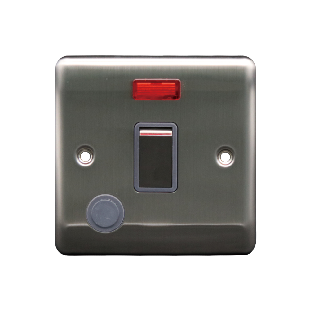 Caradok 20A DP Switch c/w Neon + FO Brushed Chrome Grey Insert