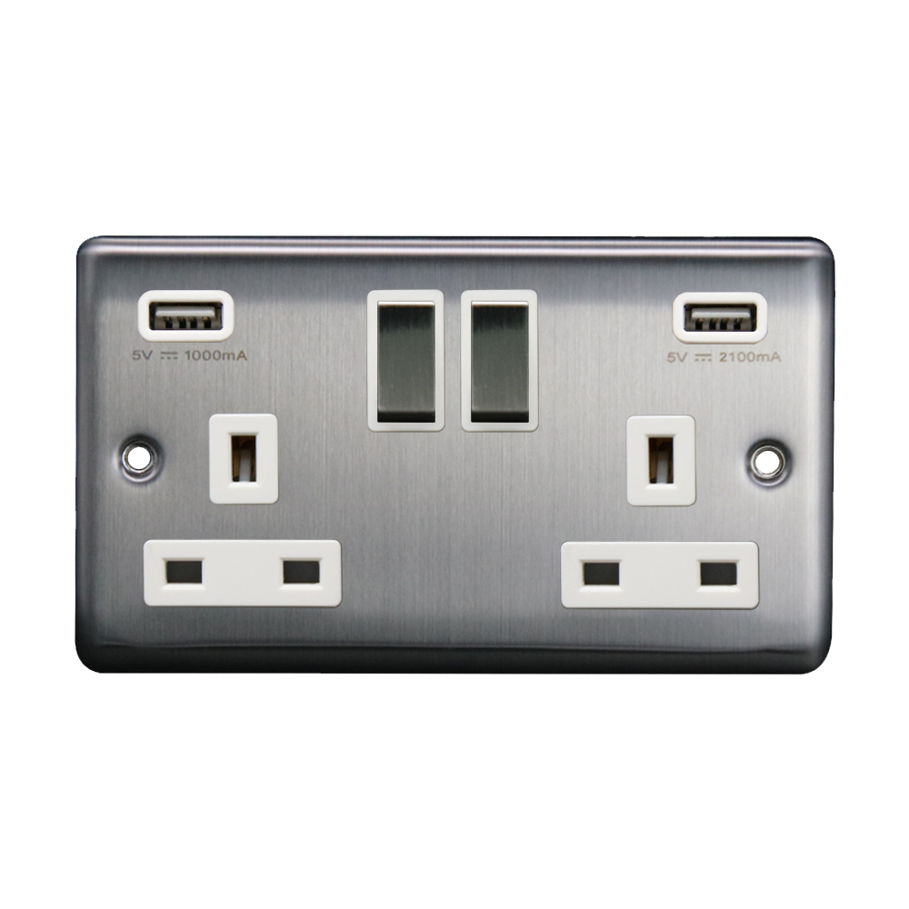 Caradok 2G 13A Switched Socket 2 USB A 3.1A Brushed Chrome White Insert