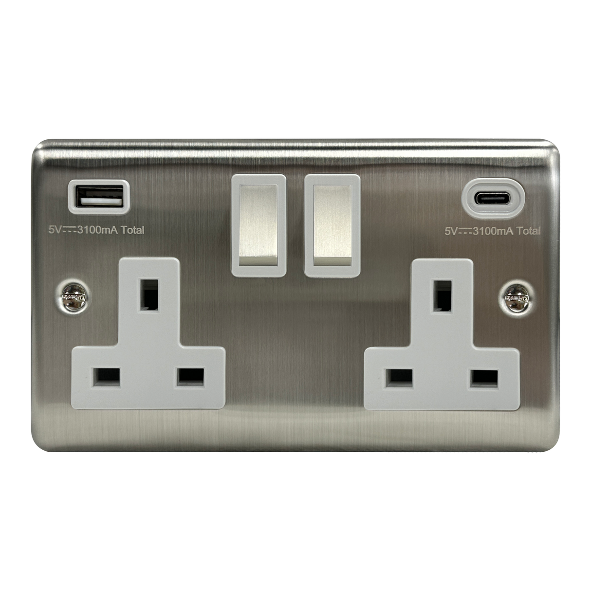 Caradok 2G 13A Switched Socket USB + TYPE C Brushed Chrome White Insert