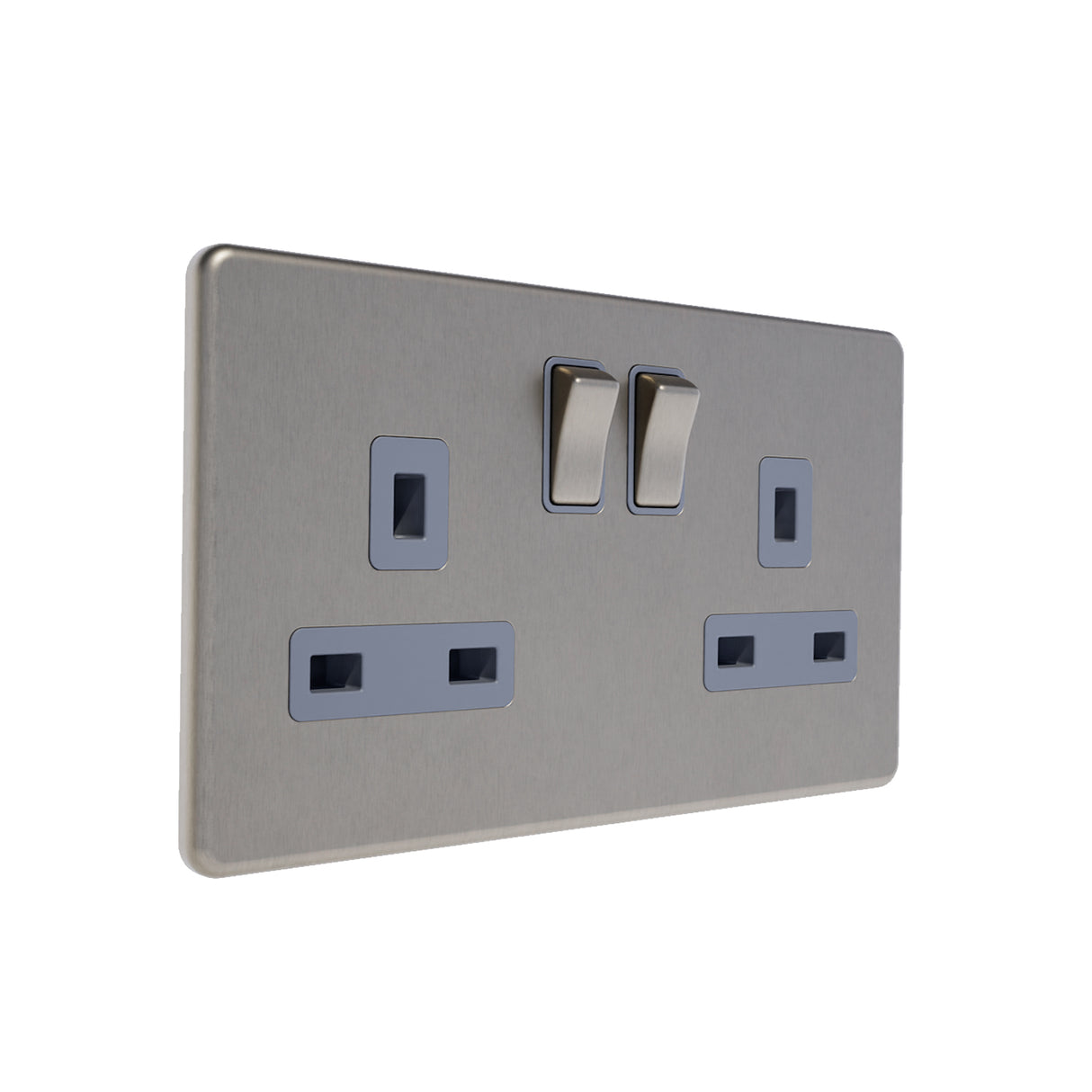 double screwless plug socket in brushed steel with grey inserts