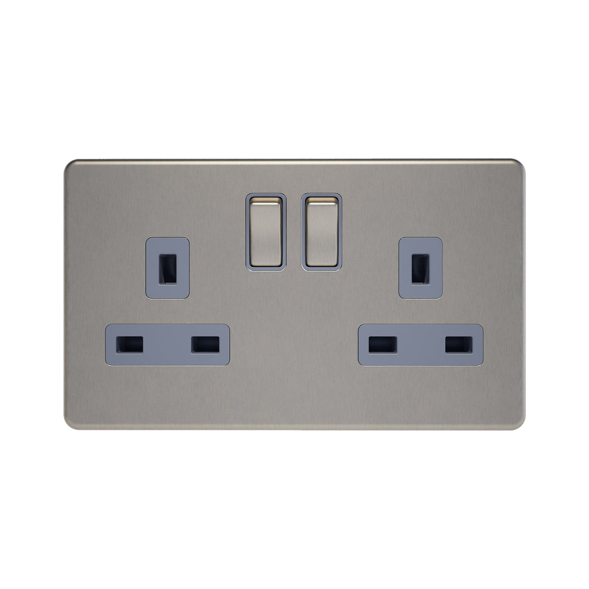 double screwless plug socket in brushed steel with grey inserts