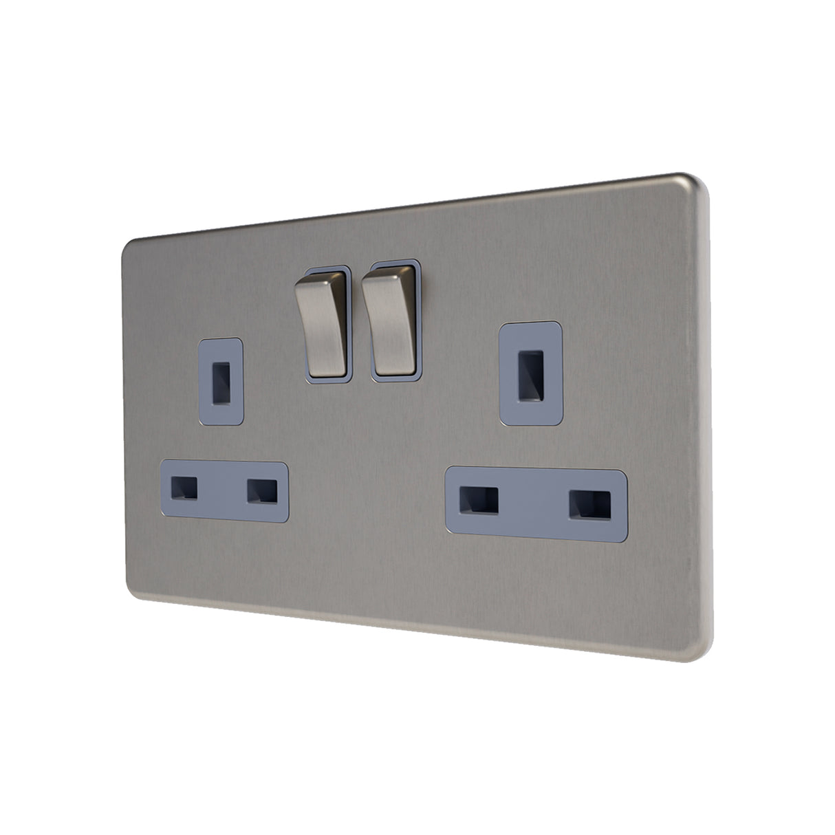 double screwless plug socket in brushed steel with grey inserts