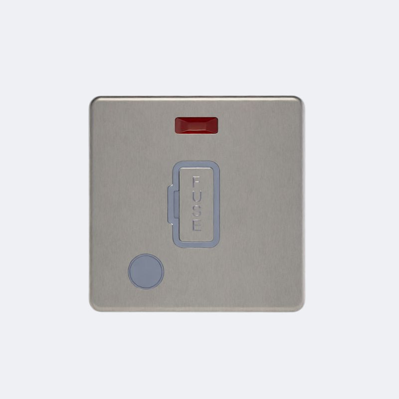 screwless 13A unswitched spur with neon + fo in brushed steel with grey inserts