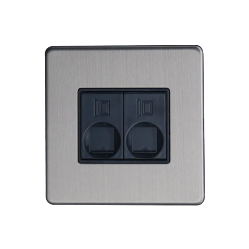 Caradok - The Flat - Screwless 2G RJ45 Cat5 Socket Brushed Chrome Grey Insert