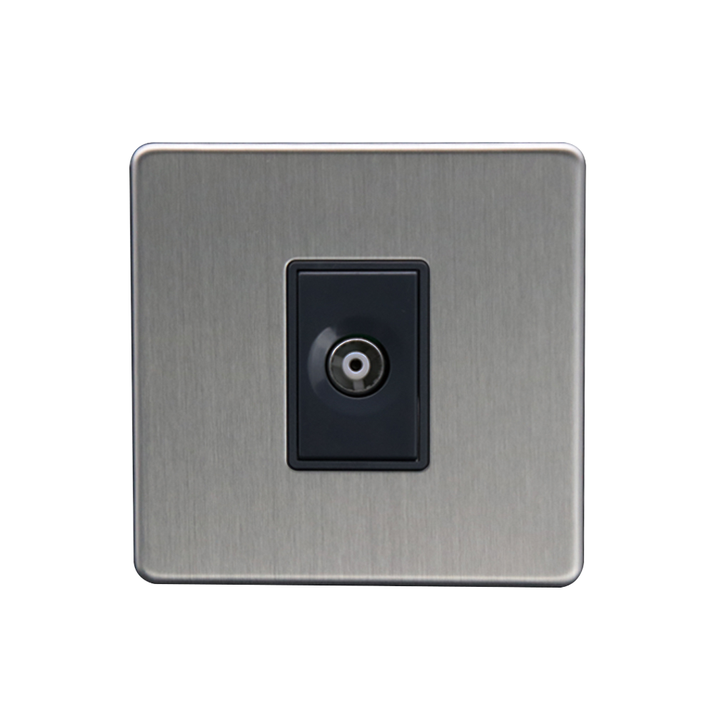 Caradok - The Flat - Screwless 1G Isolated Coax Socket Brushed Chrome - Black Inserts