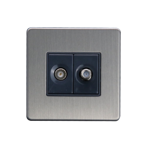 Caradok - The Flat - Screwless Satellite Socket + Coax Socket Brushed Chrome Grey Insert