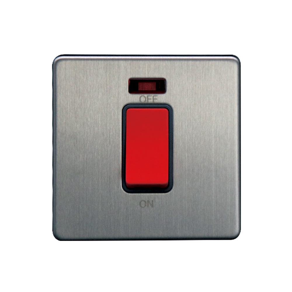 Caradok - The Flat - Screwless 1G 45A DP Switch c/w Neon Brushed Chrome Grey Insert