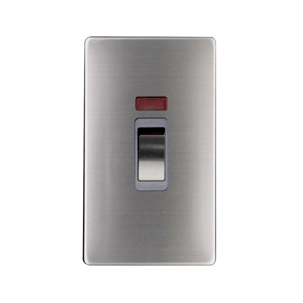 Caradok - The Flat - Screwless 2G 45A DP Switch c/w Neon Brushed Chrome Grey Insert