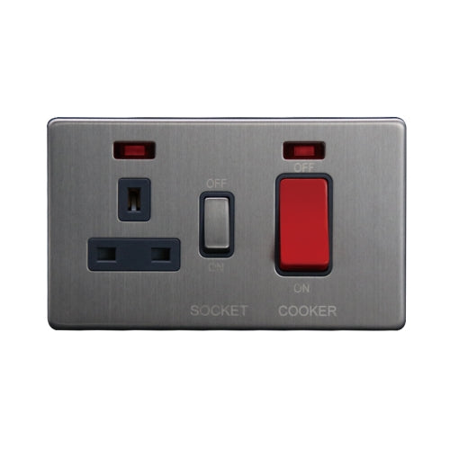 Caradok - The Flat - Screwless 45A DP Cooker Control Unit c/w Neon Brushed Chrome Grey Insert