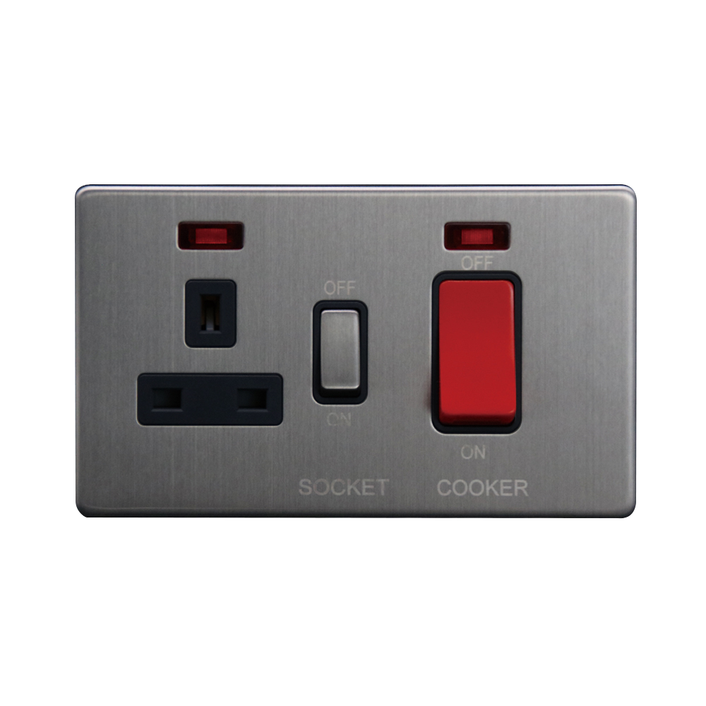 Caradok - The Flat - Screwless 45A DP Cooker Control Unit c/w Neon Brushed Chrome