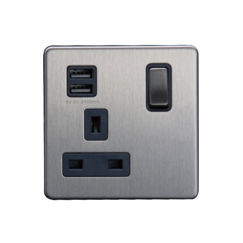 Caradok - The Flat - Screwless 1G 13A Switched Socket 2 USB A 2.1A Brushed Chrome Grey Insert