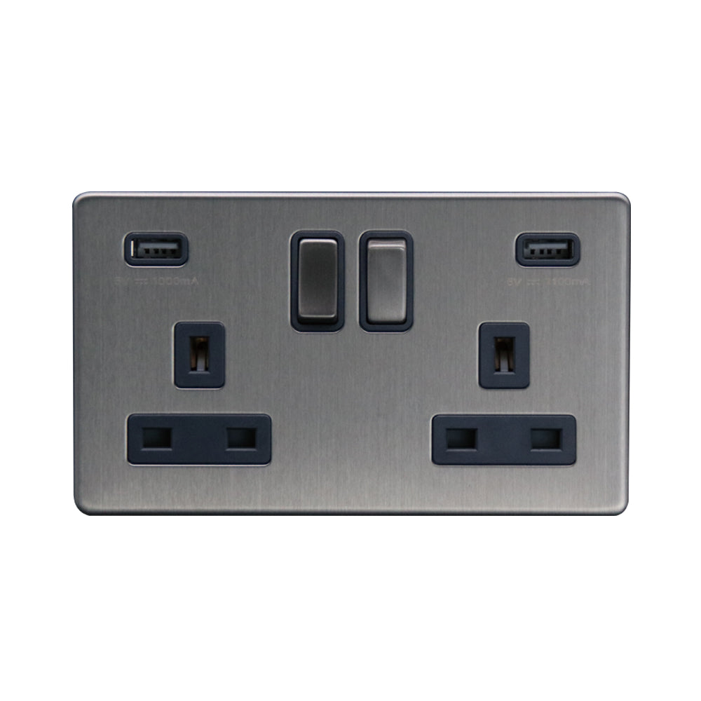 Caradok - The Flat - Screwless 2G 13A Switched Socket 2 USB A 3.1A Brushed Chrome Grey Insert