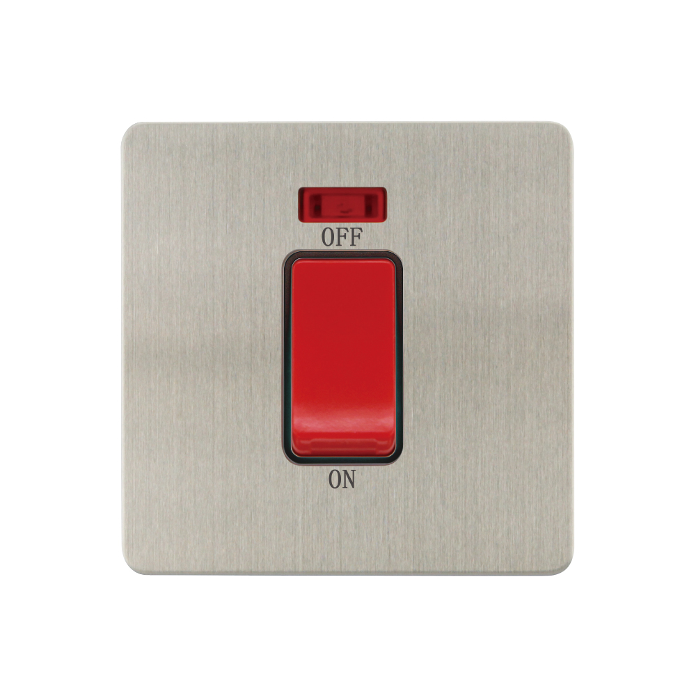 Caradok - The Ultra Flat - Brushed Chrome - FN203DME - 1G 45A DP Switch c/w Neon Brushed Chrome, Black Insert