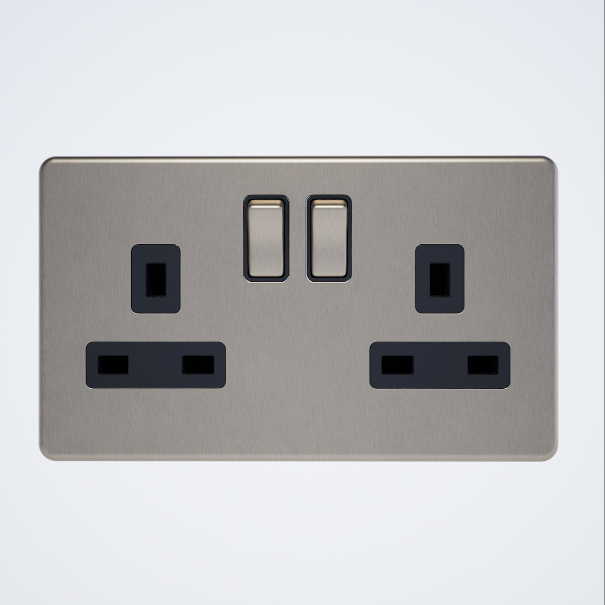 double screwless plug socket in brushed steel with black inserts
