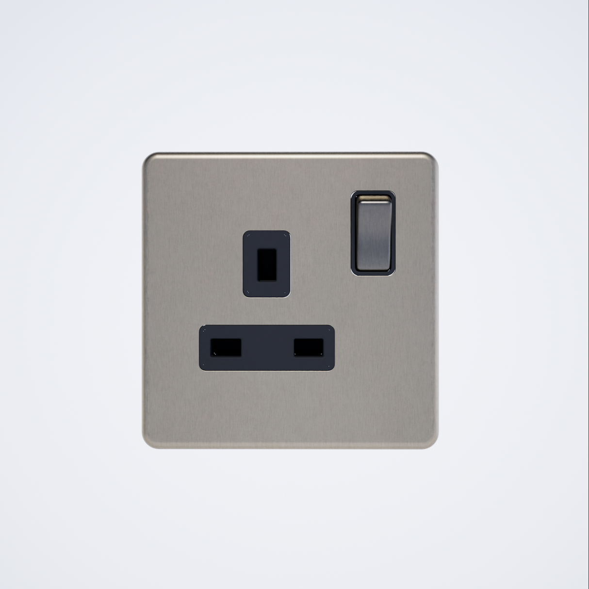single plug socket in brushed steel with black inserts