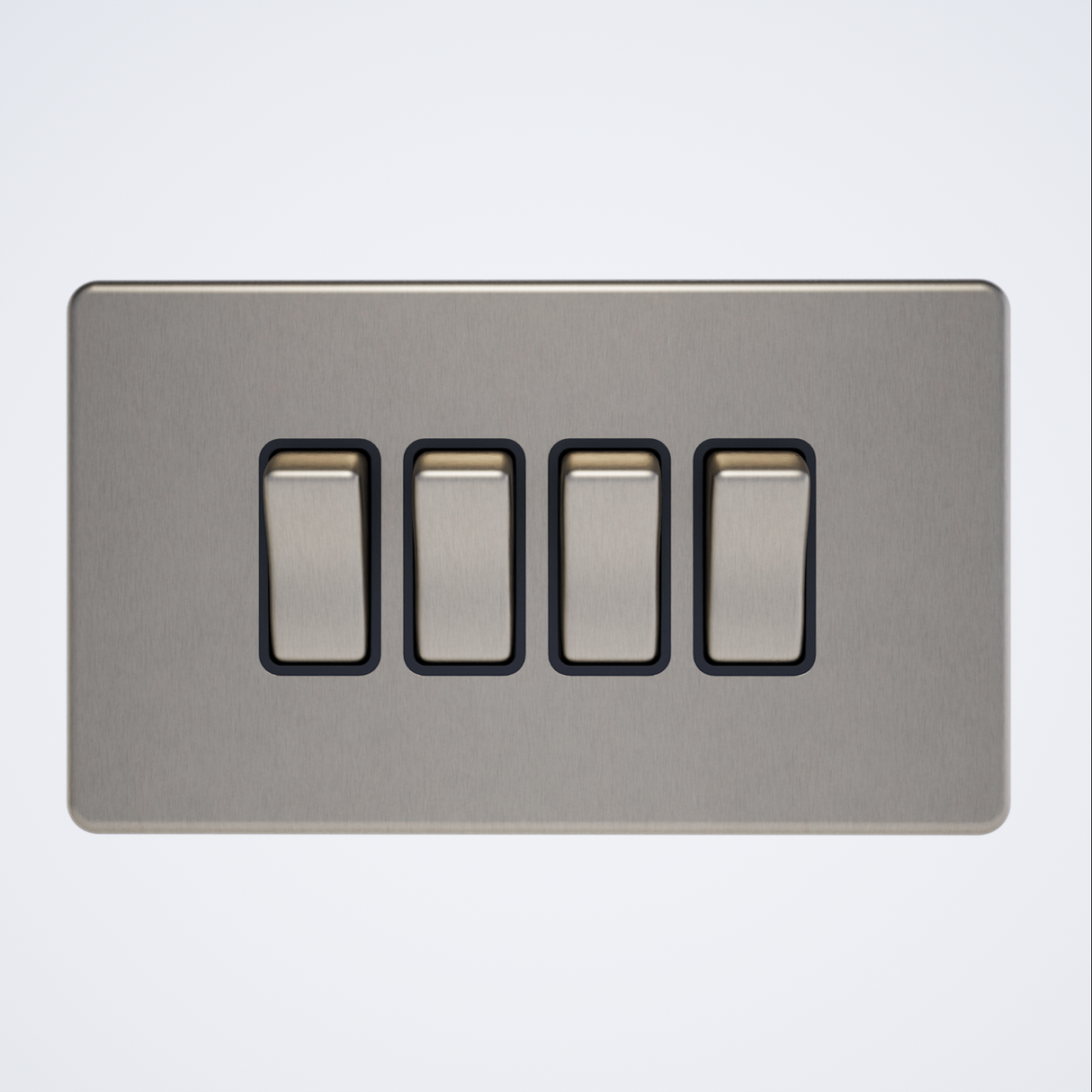 four gang screwless light switch in brushed steel with black inserts