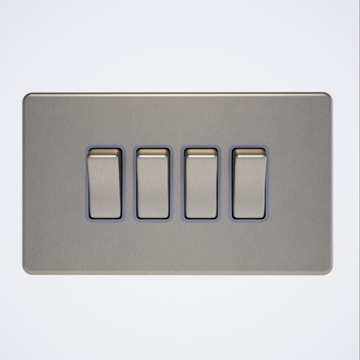 four gang screwless light switch in brushed steel with grey inserts