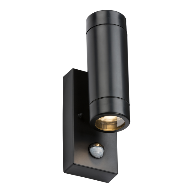 Knightsbridge EAPIR2BK EAMON - 230V IP44 GU10 Polycarbonate Up/Down wall light with PIR - Black Outdoor Lighting Knightsbridge - Sparks Warehouse