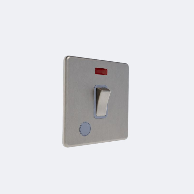 single screwless 20A switch with neon light + fo in brushed steel with grey inserts Brushed Chrome Grey Insert