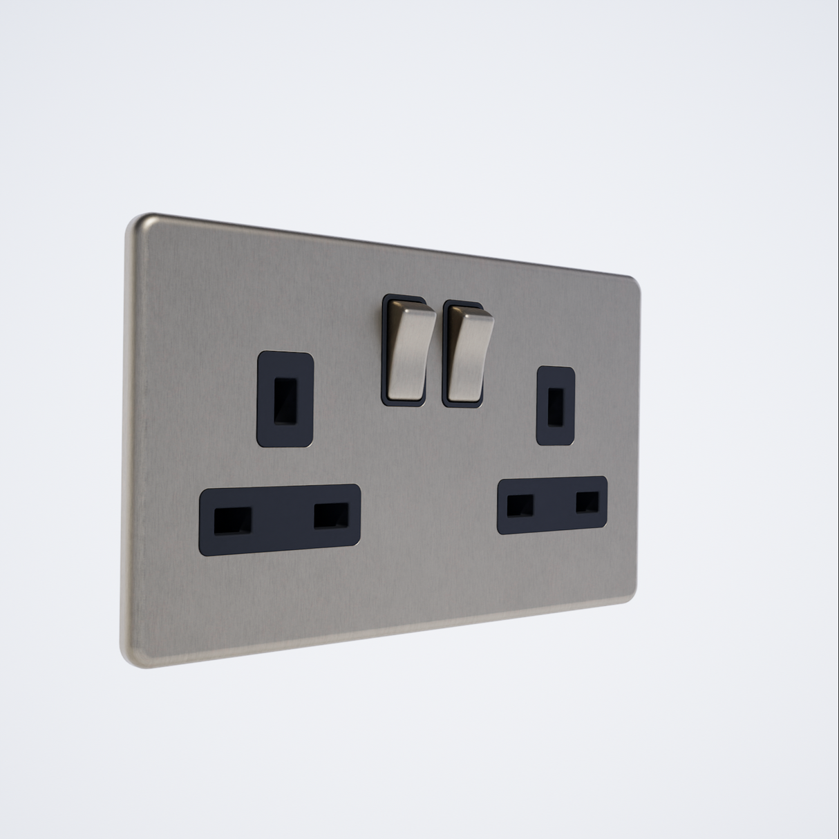 double screwless plug socket in brushed steel with black inserts