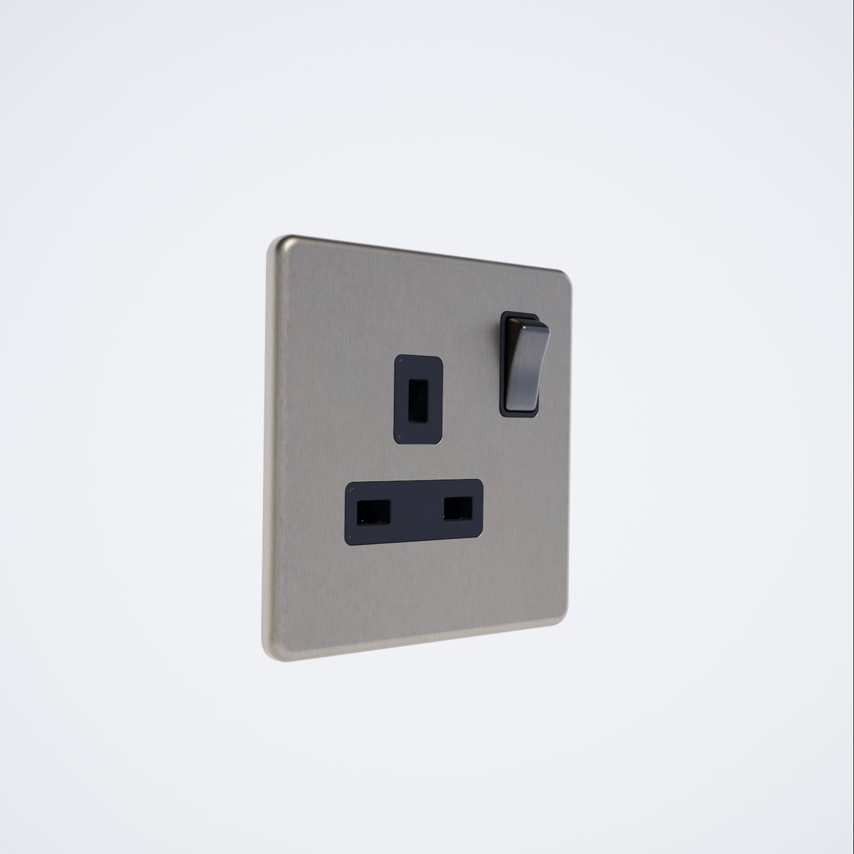 single plug socket in brushed steel with black inserts