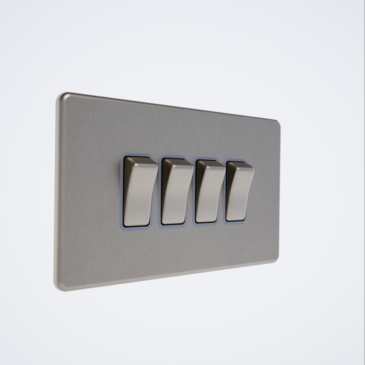 four gang screwless light switch in brushed steel with grey inserts