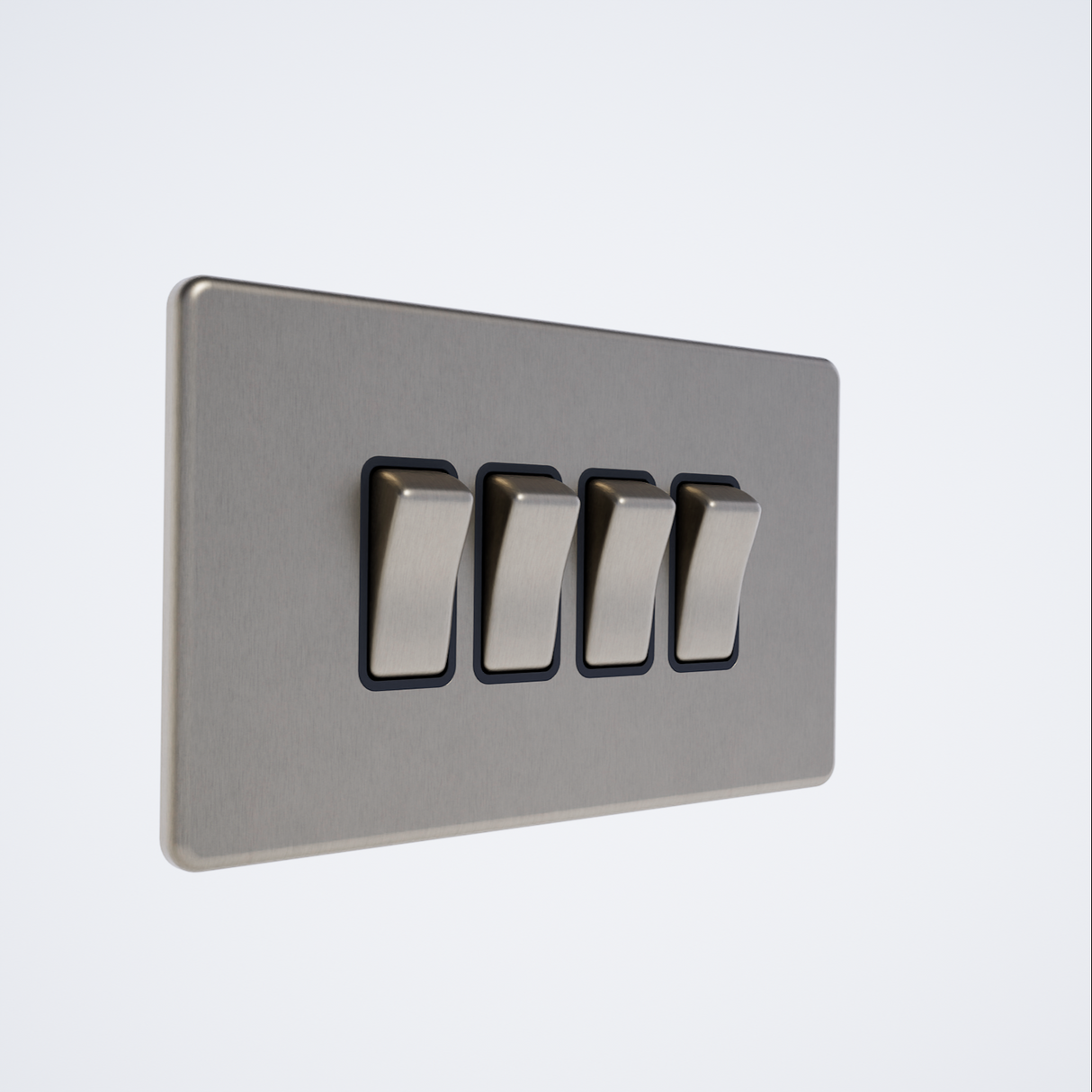 four gang screwless light switch in brushed steel with black inserts