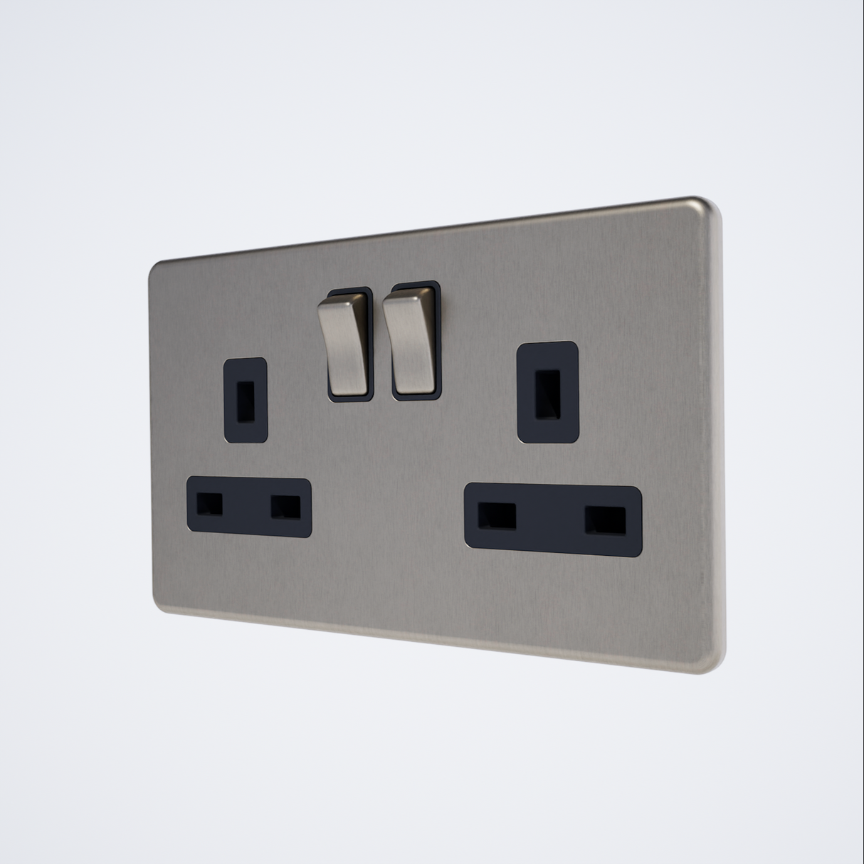 double screwless plug socket in brushed steel with black inserts