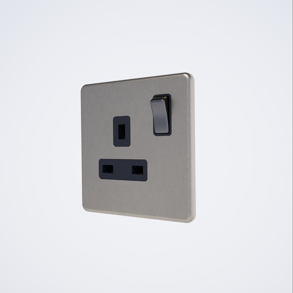 single plug socket in brushed steel with black inserts