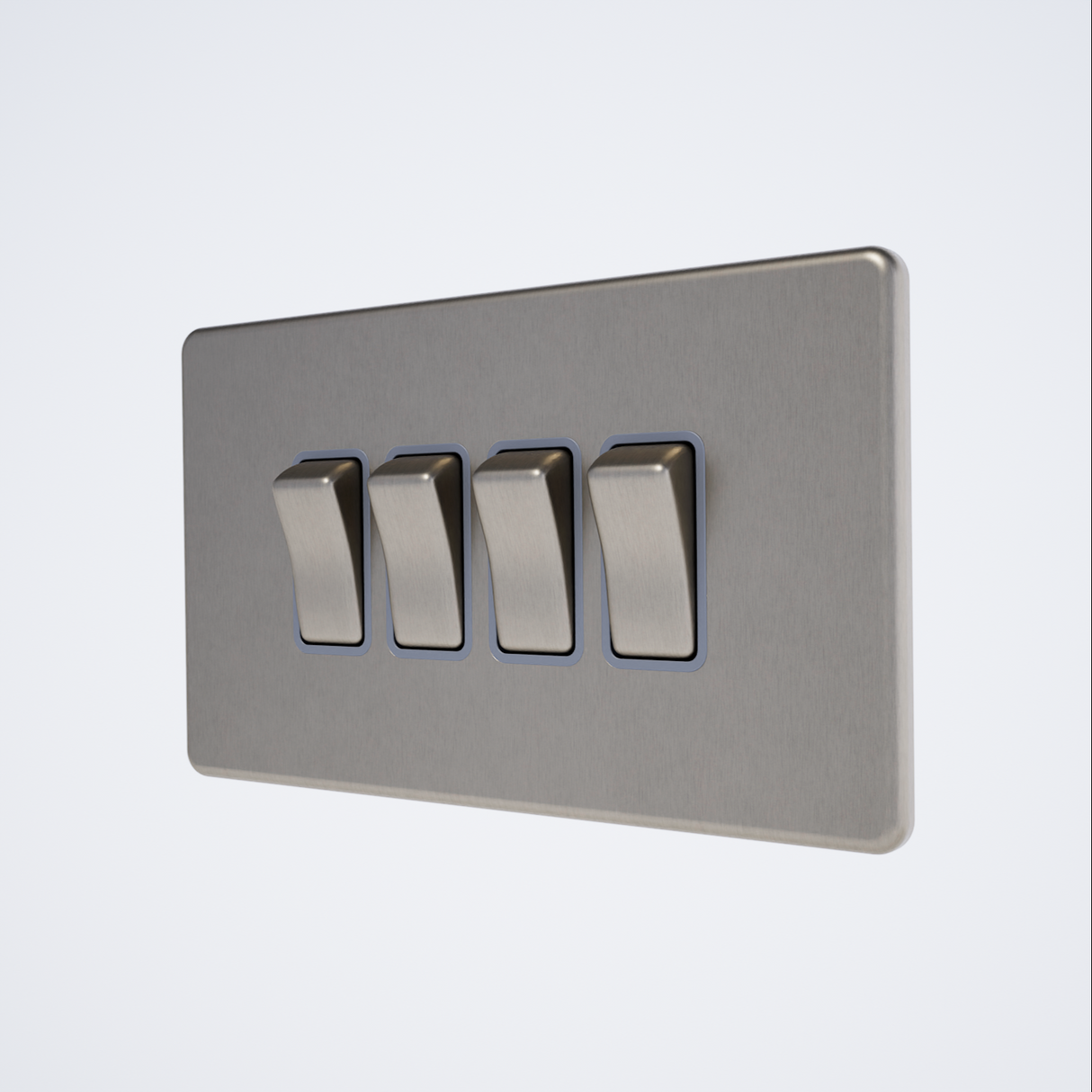 four gang screwless light switch in brushed steel with grey inserts