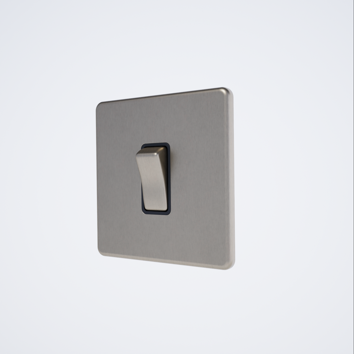 single screwless light switch in brushed steel with black inserts
