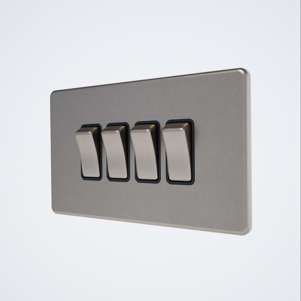four gang screwless light switch in brushed steel with black inserts