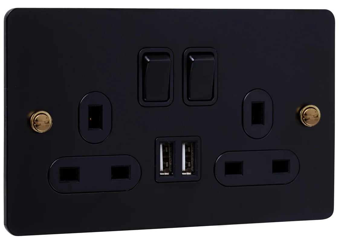 2G Matt Black Socket with Dual USB Ports and Brass Screws