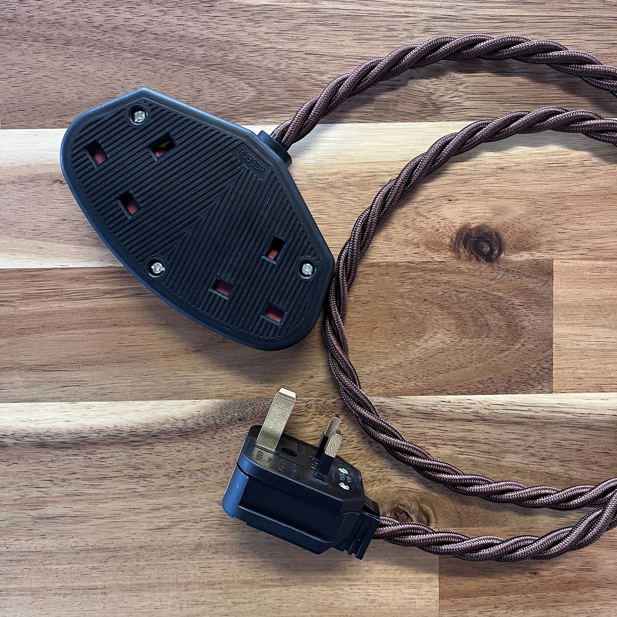 Brown / Gold / Yellow Braided Fabric Decorative Extension Lead - Black Trailing Socket