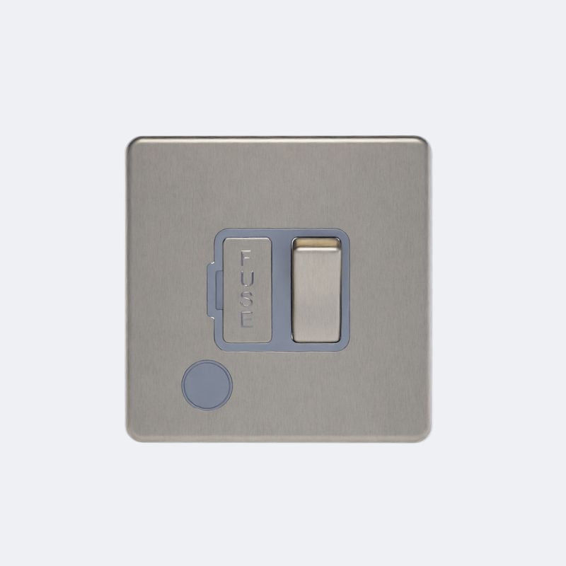 single screwless 13A switched spur + fo in brushed steel with grey inserts