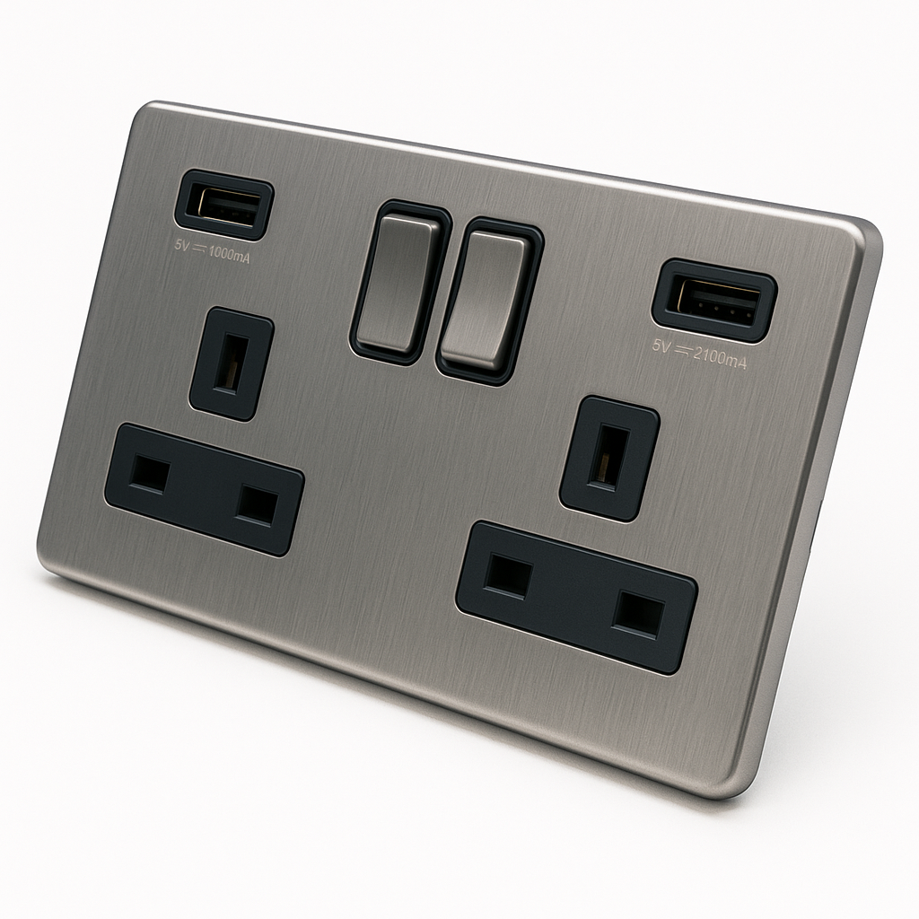 Caradok - The Flat - Screwless 2G 13A Switched Socket 2 USB A 3.1A Brushed Chrome Black