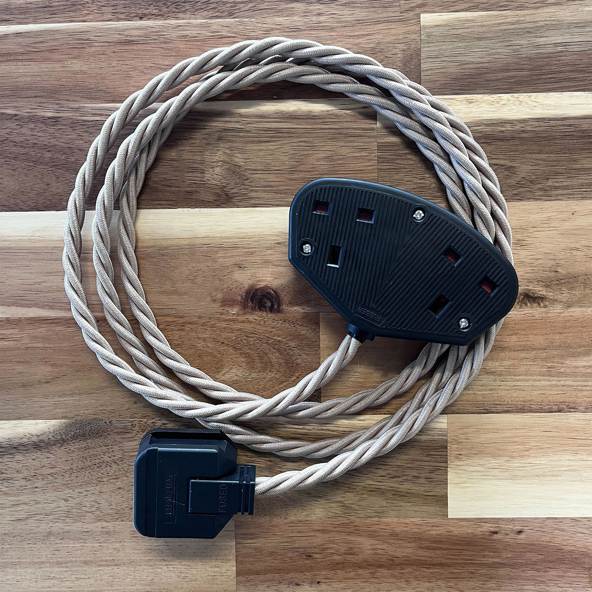 Cream / Linen Braided Fabric Decorative Extension Lead - Black Trailing Socket