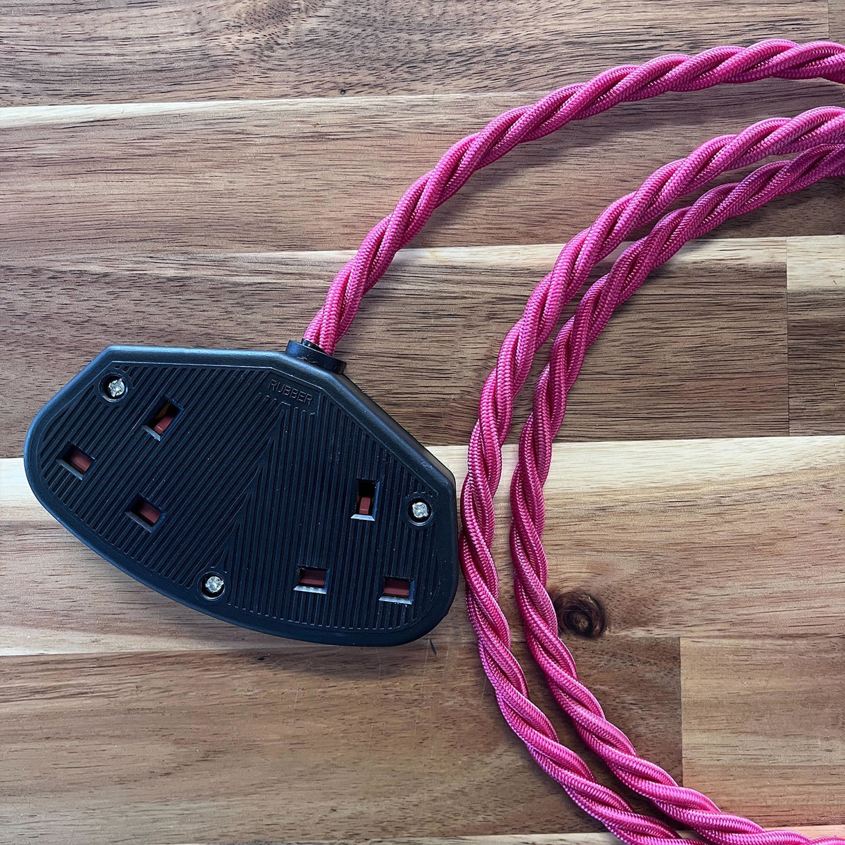Red / Pink / Orange Braided Fabric Decorative Extension Lead - Black 2 Gang Trailing Socket