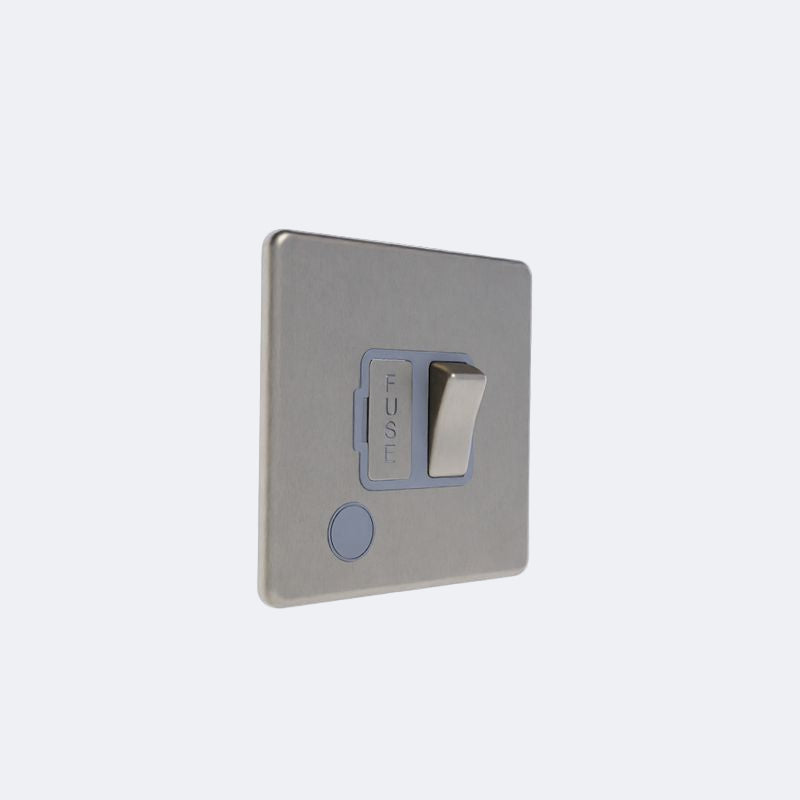 single screwless 13A switched spur + fo in brushed steel with grey inserts