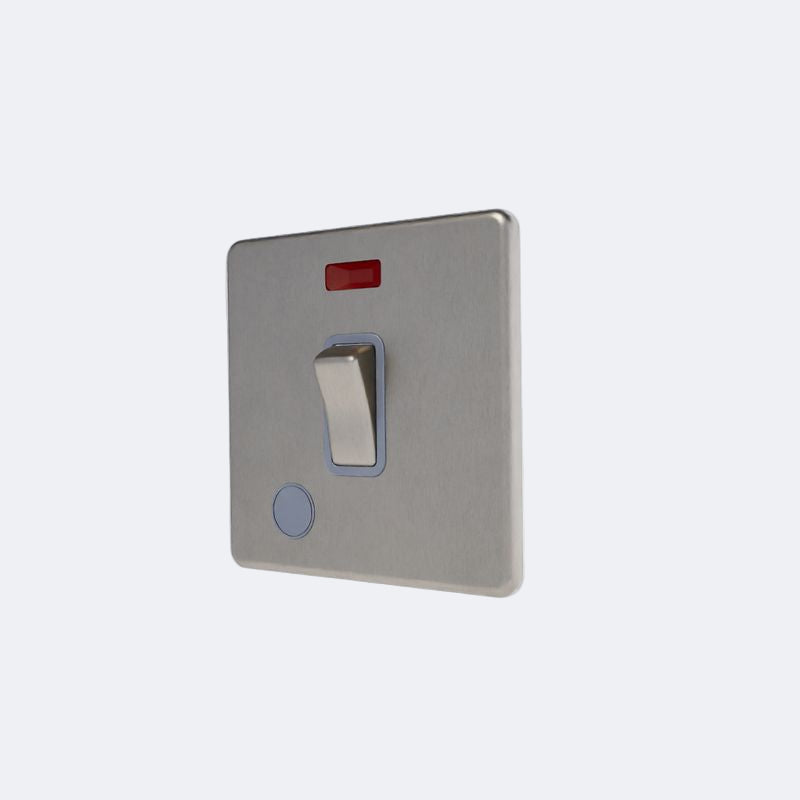 single screwless 20A switch with neon light + fo in brushed steel with grey inserts Brushed Chrome Grey Insert